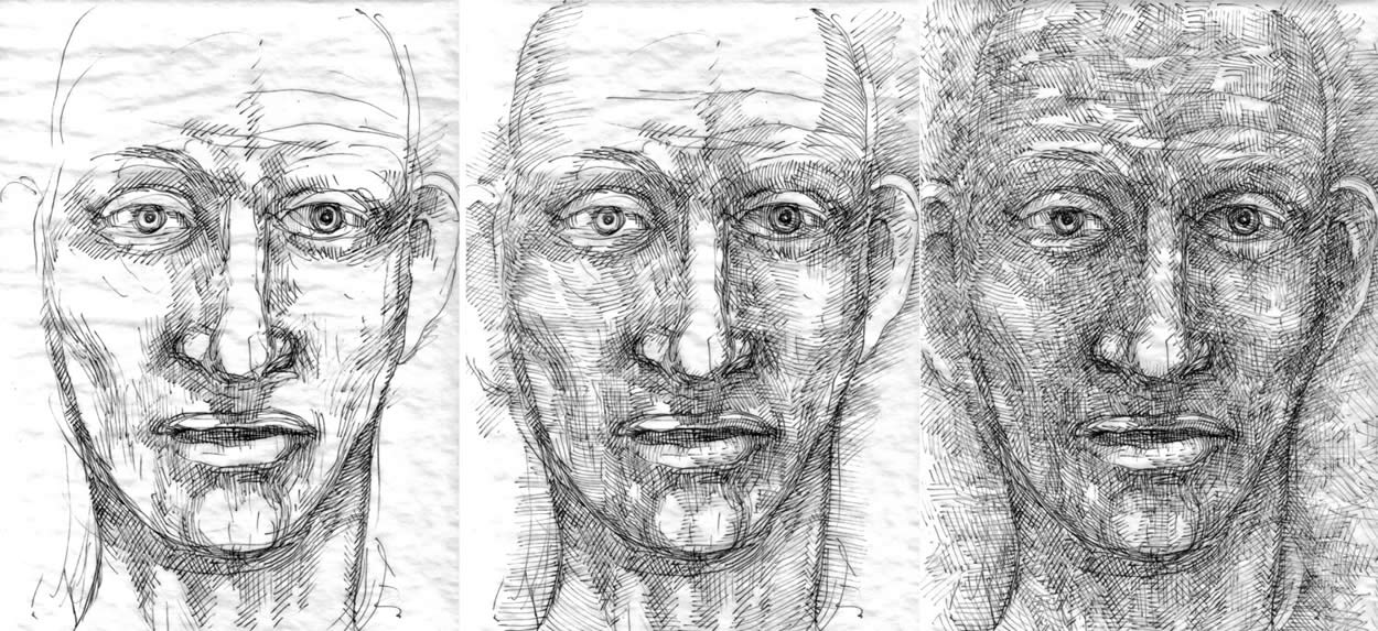 3 stages in the process of drawing a head by William T. Ayton